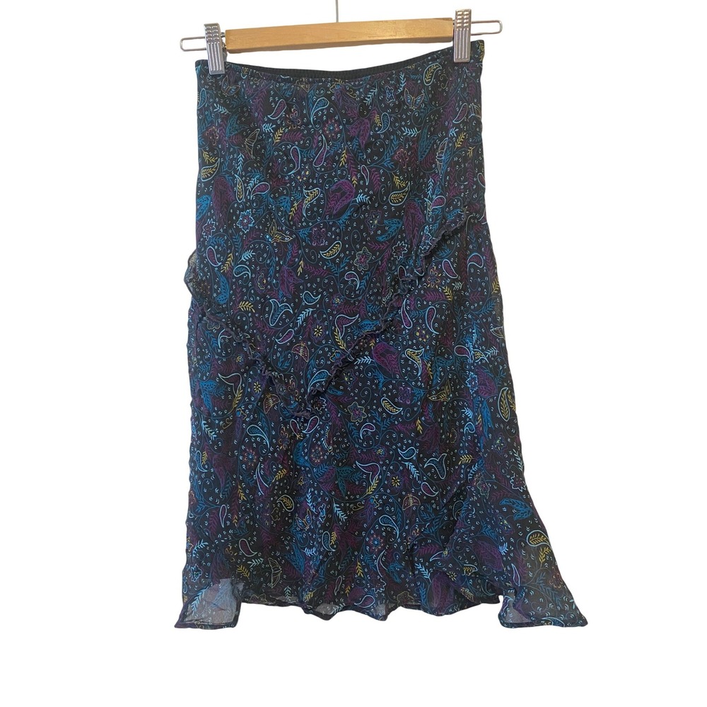 VTG Silk Land Skirt M Dark Paisley Silk‎ Ruffle Hem Asymmetric Y2K Fairy Grunge